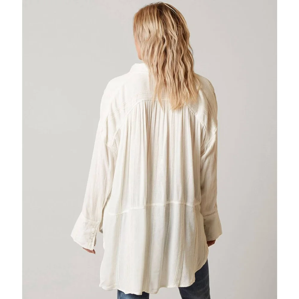 Free People Button-Down Cozy Nights Gauzy Oversized Shirt - Large
